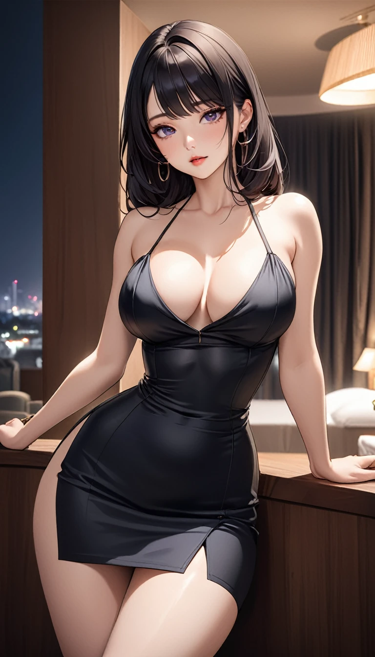 masterpiece, high resolution, beautiful woman, Korean Beauty, 30 years old, black sleeve less, mini pencil skirt, beautiful woman, night hotel, looking at me, high resolution face, (high resolution eyes), black hair, curvy
