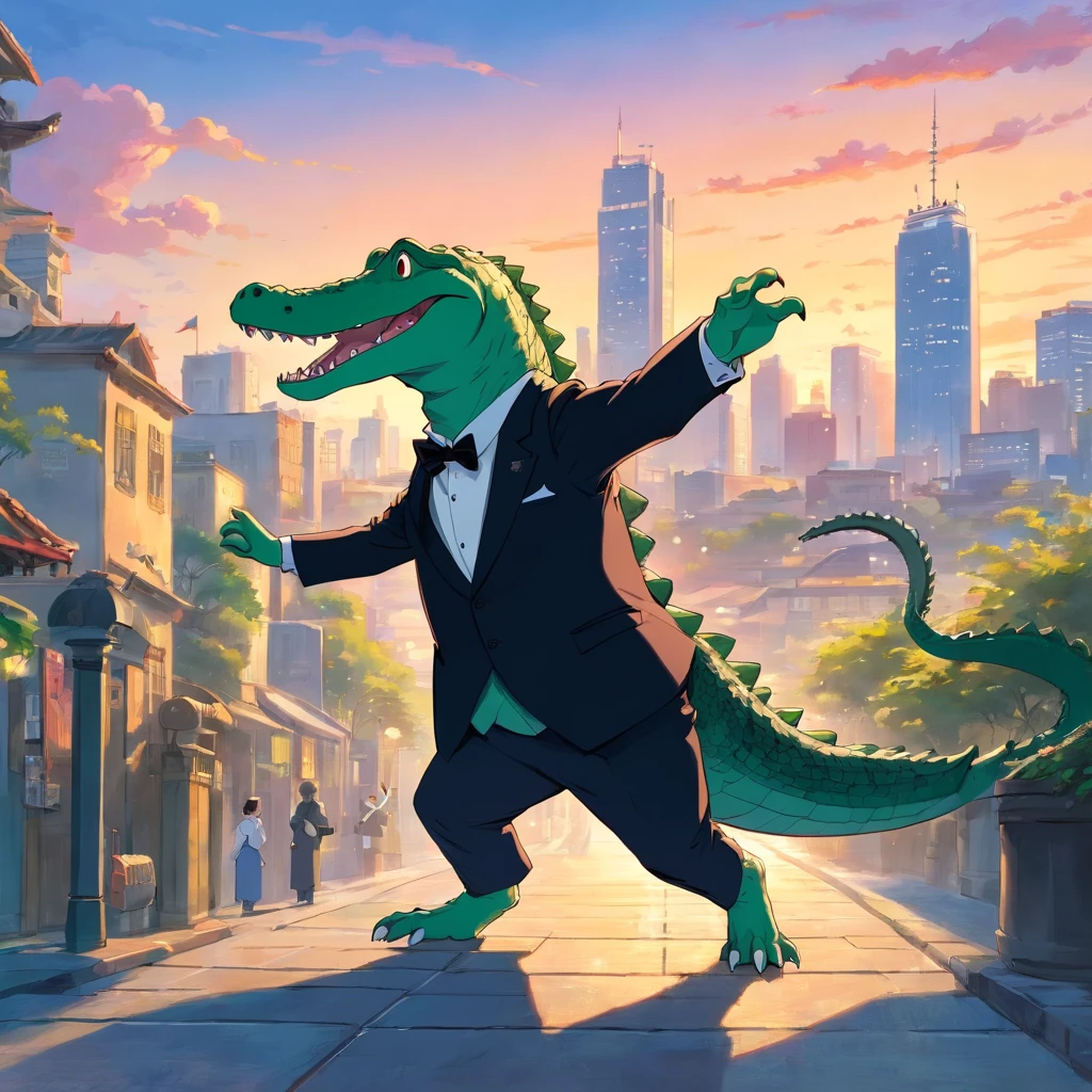 An alligator in a black tuxedo is happily trying to dance. The cityscape in the background is downtown morning