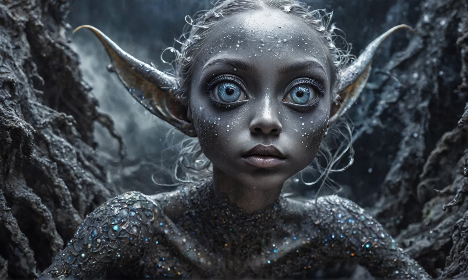 pretty face,eyebrow up,full body length shot,obsidian elf,full body length shot,very beggar niobium graphite The Alien Entity, babychild, wants eat,full body shot, of psychedelic style ,The iris looks weird, attractive, The stars in space is reflected in the pupil, goose down eyelashes, long wavy luminescent hair,insane baggy clothes,view from height,full-body-shot,High contrast,Masterpiece,Realistic,Ultra Detailed,intricate details,realistic humid skin,extremly intricate,realism,photorealism, cinematic style,irina yermolova,HDR,((Wangechi Quality)),ominous landscape,glate gray atmosphere,by art Simon Stalenhag,Nicola Samori,(((Wangechi Mutu))),prime colors,urban,extremely detailed,masterpiece,intricate details,faded,eyes extremely detailed, high detailed eyes,4k resolution,RAW, Nikon Z9,scary town,stalker,goblin,Dubai of United Arab Emirates,Mestichino,Light particles,marble leather ,ink photography ,Mestichino,Light particles,chaos