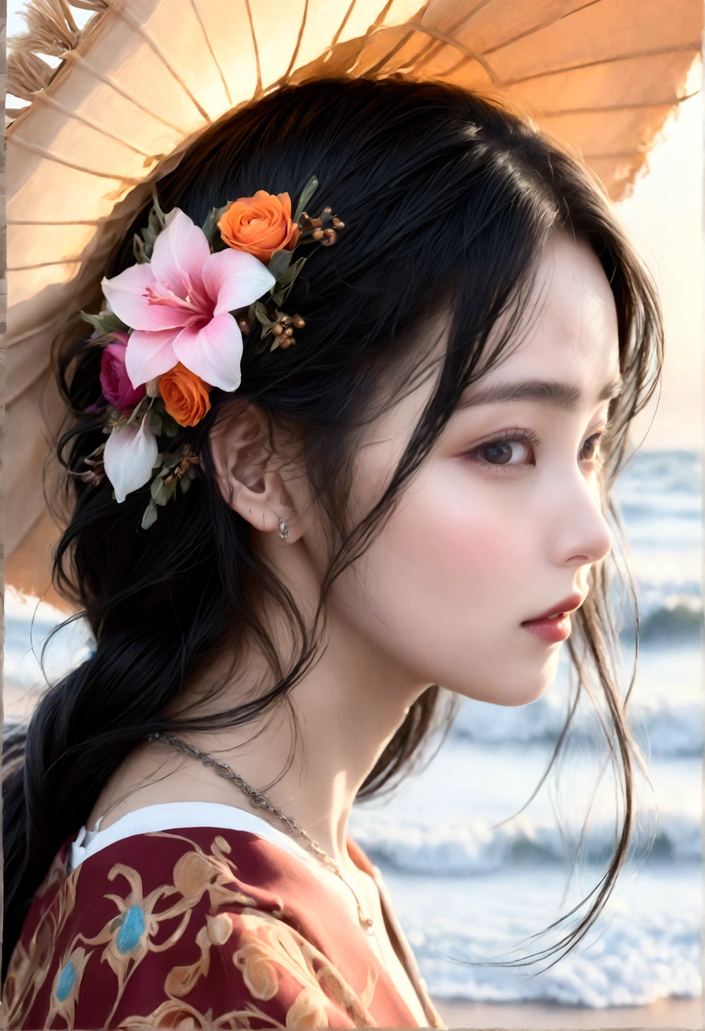 ((Masterpieces with up to 16K resolution:1.6)),Highest quality,it is really amazing,Very detailed,Ultra-high resolution,(Real:1.5),(Realistic:1.5),Increased depth of field,Cinematic Light,
Elegant mature woman,
Long black hair,(Exquisitely detailed face:1.5),Face with a gentle expression,Translucent white skin,Very sensitive skin,Great proportions,Anatomically correct body,
Elegant bikini swimwear,Artistic design,Beautiful and detailed pattern,Detailed fabric texture,Gorgeous necklace,
Coastal landscape at dusk,Dark clouds and dark sky,delay々Continuing sandy beach, Deserted Beach,Dark sea surface,
(Dramatic Angle:1.6),