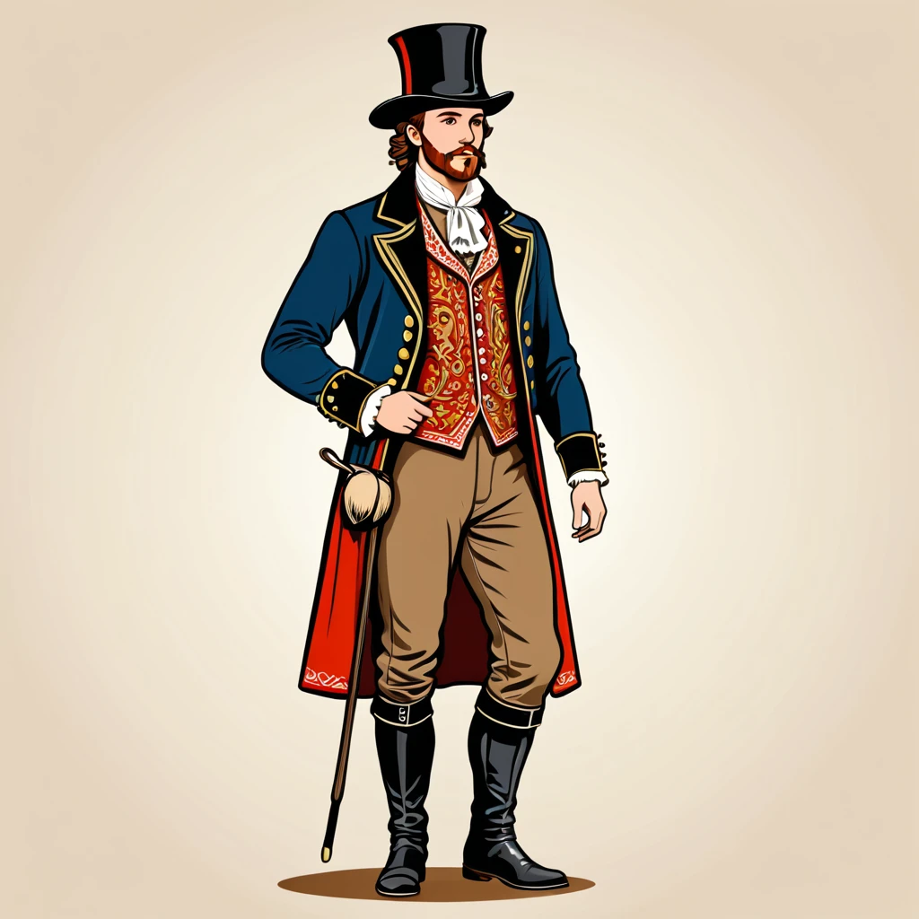man in british folk outfit, vector graphics, strong contours
