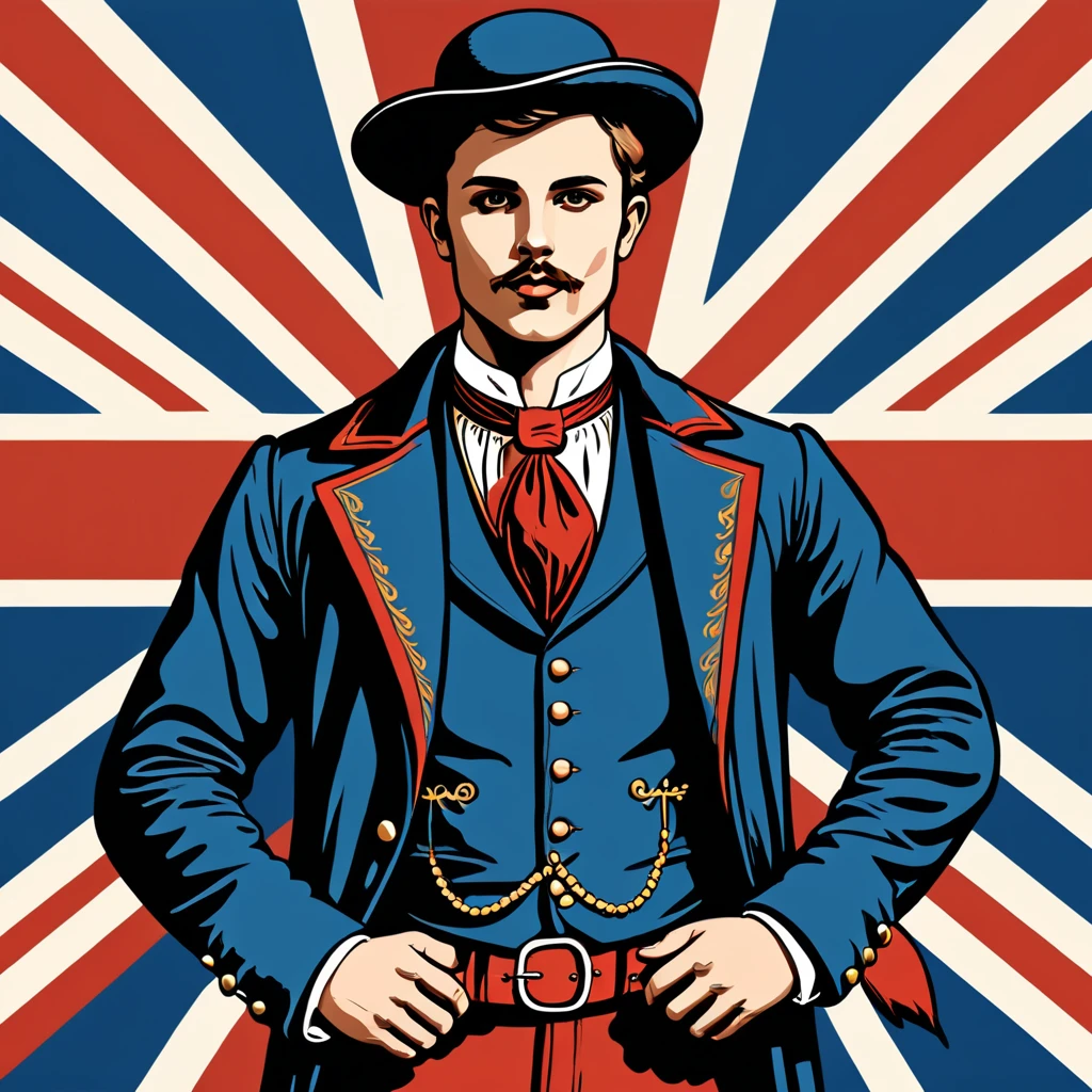man in british folk outfit, vector graphics, strong contours
