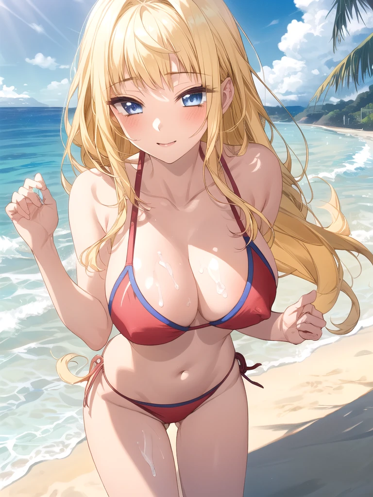 show off nipples,topless,bottomless,pubic hair,cum in pussy,((best quality)),((highly detailed)),masterpiece,absurdres,detailed face,beautiful face,(detailed eyes, deep eyes),(1girl),((dynamic pose)), minami, blonde hair, breasts, long hair, ahoge, huge breasts, bangs, jewelry, blue eyes, eyelashes,solo, (beach:1.5), bikini, seaside tranquility, sandy shores, cowboy shot, barefoot, ocean waves, horizon line, palm trees, relaxed atmosphere, warm colors, coastal paradise, summer getaway, gentle sea breeze, azure waters, scenic beauty, picturesque landscape,