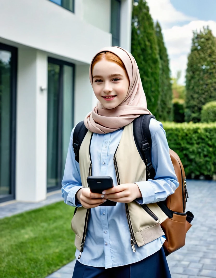 photography full body portrait of very beautiful realistic girl, 12-years-old, holding a smartphone, standing in front of a modern house, carrying backpack, wear LV hijab headscarf, fancy uniform with royal vest, porcelain skin, very fair skin, very pale skin, redhead, detail skin texture, hazel eyes, slanted eyes, small nose, small nostril, think curved eyebrow, thick bottom lip, seductive gaze, happy face, unique face, detail photo, realistic photo, master piece picture, sharp picture, outdoor clear daylight