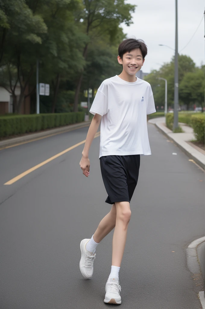 12-year-old boy,Smile，Spread your white and slender legs，jogging，full body，8K五官精致，Handsome boyish feeling，8K，masterpiece,((best quality)),photography,