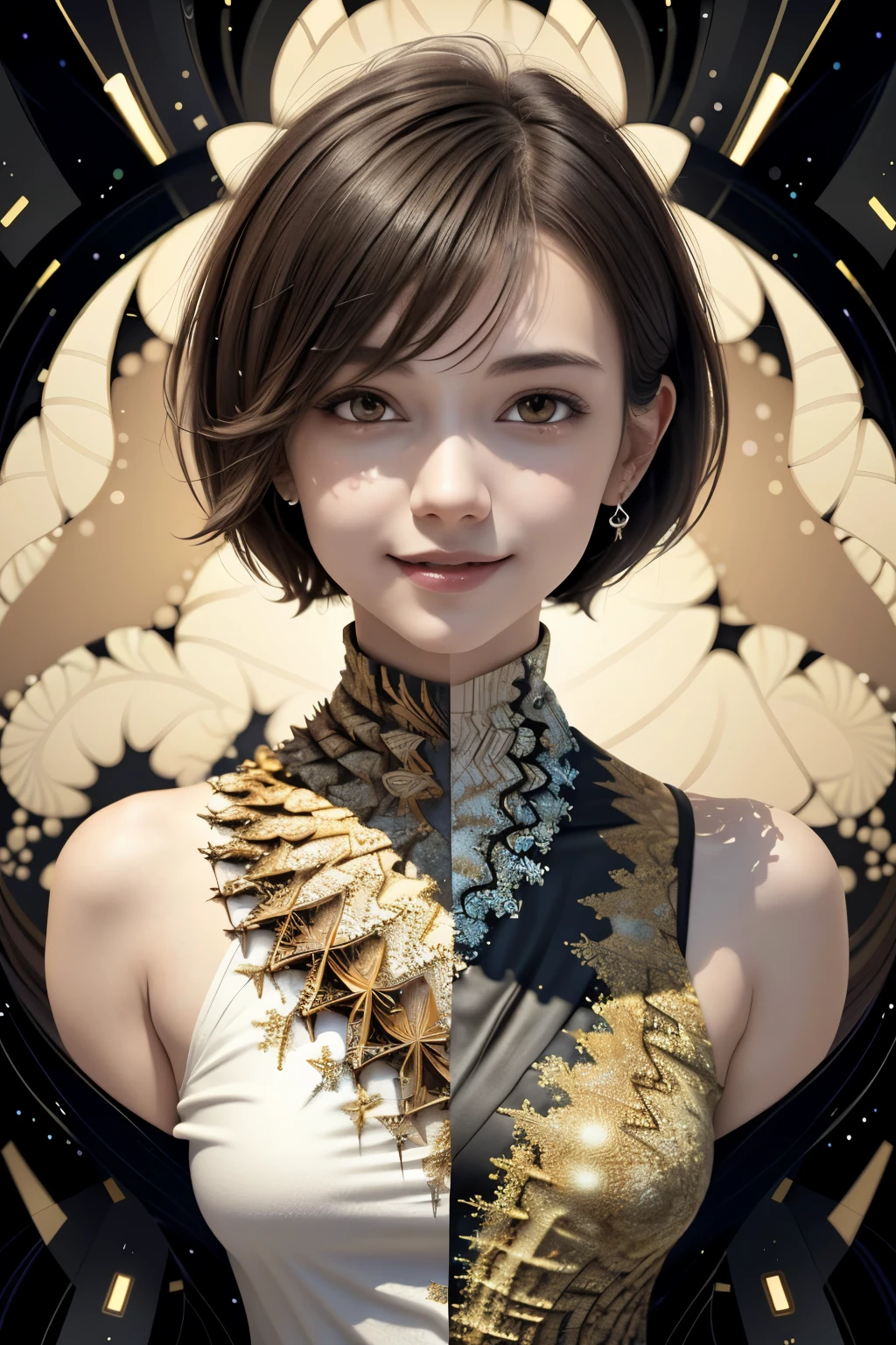 256 19-year-old female, (short hair),(Abstract background,Fractal Art:1.46), smile