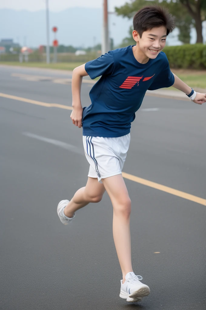,Smile，Spread your white and slender legs，jogging，full body，8K facial features are exquisite，Handsome boyish feeling，8k，masterpiece,((best quality)),photography,photograph
