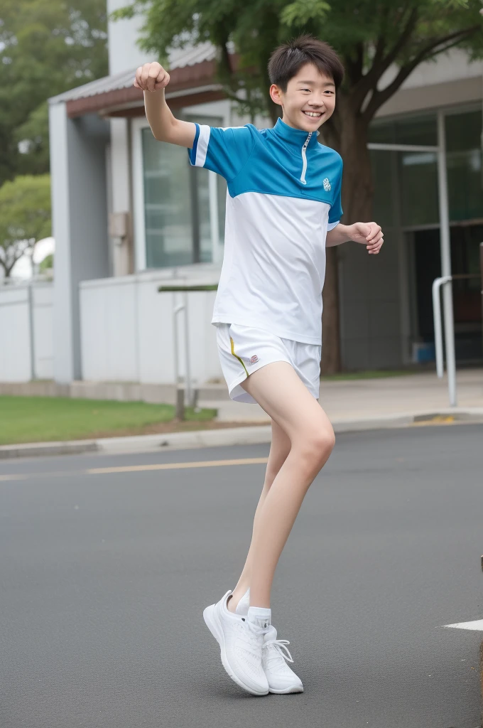 12-year-old boy,Smile,Spread your white and slender legs,jogging,full body,8K五官精致,Handsome boyish feeling,8K,masterpiece,((best quality)),photography,