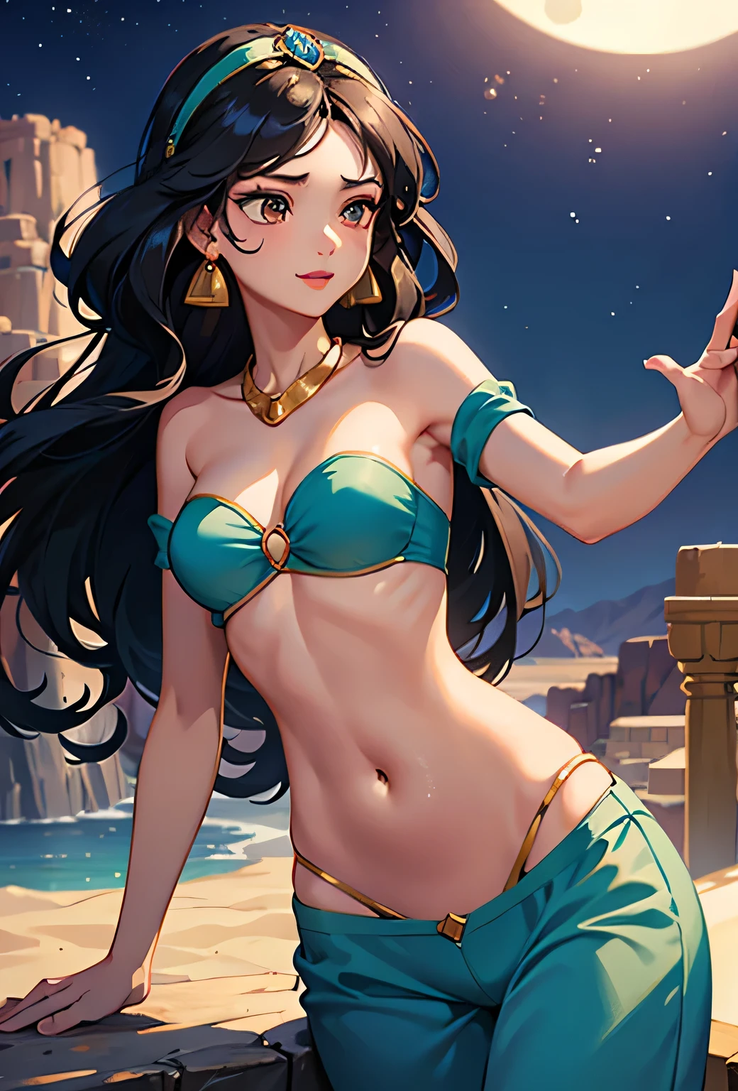 Princess Jasmine, jasmine, Disney Characters, best quality, (masterpiece:1.2), high quality, Highres, (hyper detailed), (portrait), photorealistic, 4K, ultra HD, insanely detailed and intricate, (beautiful detailed face and eyes:1.2), 1girl, solo, dark skin, brown eyes, detailed hair, long hair, parted bangs circlet, black hair, (Arabian clothes), bandeau, bare shoulders, off shoulder, crop top, cleavage, midriff, navel, pants, jewelry, earrings, necklace, high resolution, HDR, extremely detailed CG, f 2.8 lens, (beautiful detailed background), detailed landscape, (full moon), moonlight, (desert), soft shaded, light sparkles, starry sky, cloudless sky, (looking afar), sitting, (dynamic pose:1.2), smile, (cowboy shot:1.2),