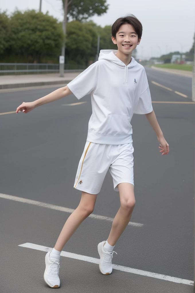 -yeld bomile,Spread your white and slender legs,jogging,full body,8K五官精致,Handsome boyish feeling,8K,masterpiece,((best quality)),photography,