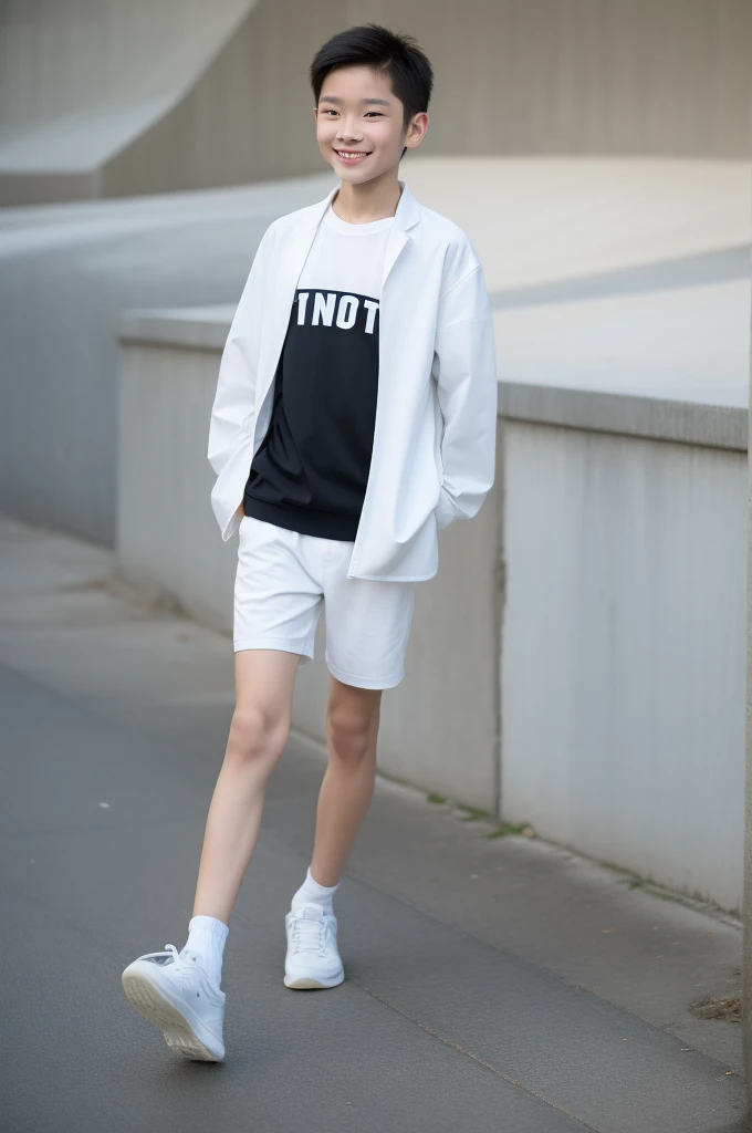 -yeld bomile,Spread your white and slender legs,jogging,full body,8K五官精致,Handsome boyish feeling,8K,masterpiece,((best quality)),photography,