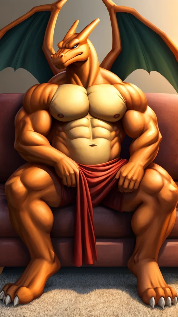 A furry adult Charizard on two legs sitting on a couch wearing a red cap covering his eyes, He is robust and muscular And with a bundle between his paws, bug chest and peludo