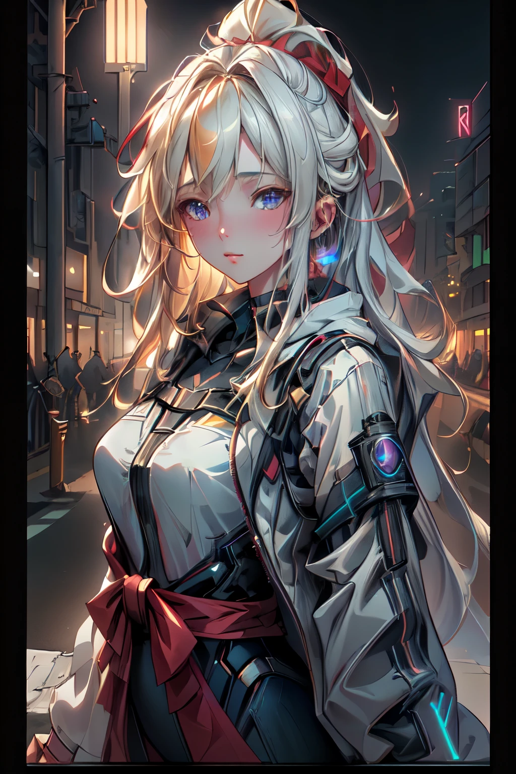 ((Best quality)), ((masterpiece)), (detailed:1.4), 3D, an image of a beautiful cyberpunk female,HDR (High Dynamic Range),Ray Tracing,NVIDIA RTX,Super-Resolution,Unreal 5,Subsurface scattering,PBR Texturing,Post-processing,Anisotropic Filtering,Depth-of-field,Maximum clarity and sharpness,Multi-layered textures,Albedo and Specular maps,Surface shading,Accurate simulation of light-material interaction,Perfect proportions,Octane Render,Two-tone lighting,Wide aperture,Low ISO,White balance,Rule of thirds,8K RAW, Blonde Hair, Long hair, red cloth, Cyber Ciyty , Street Light