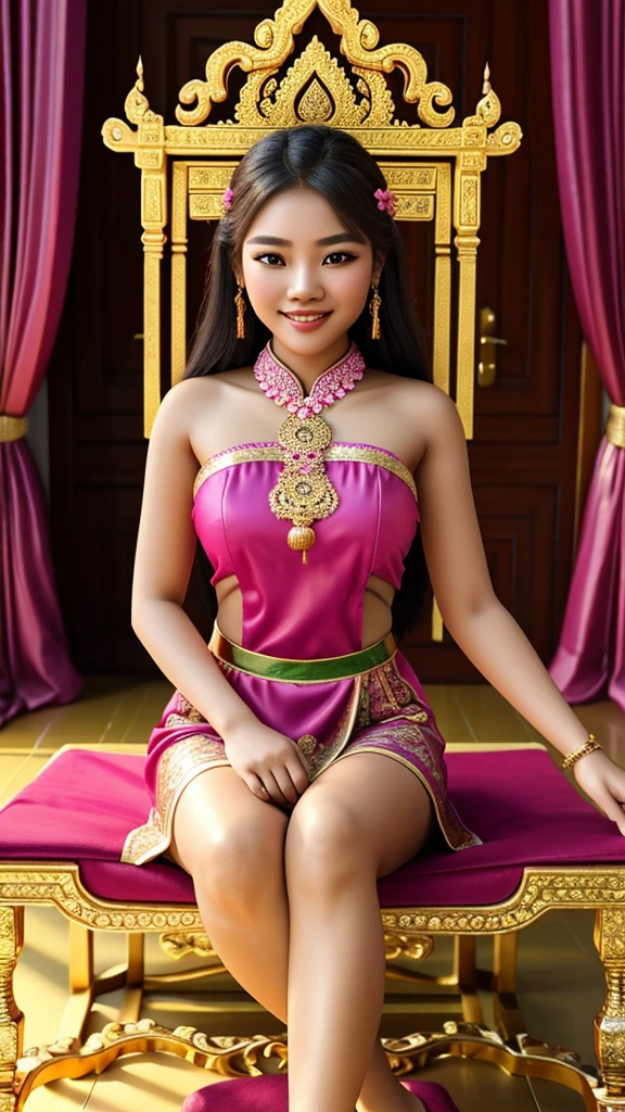 3d art : A 20-year-old Thai girl with a beautiful face in a traditional Thai dress of pink, red, purple, and green.,Sitting on a golden chair,charming smile ,beautiful eyes ,Sitting in a Thai house ,Eyes looking at the viewer surrounded by lots of wealth and money.,colorful pictures , 8K high resolution images