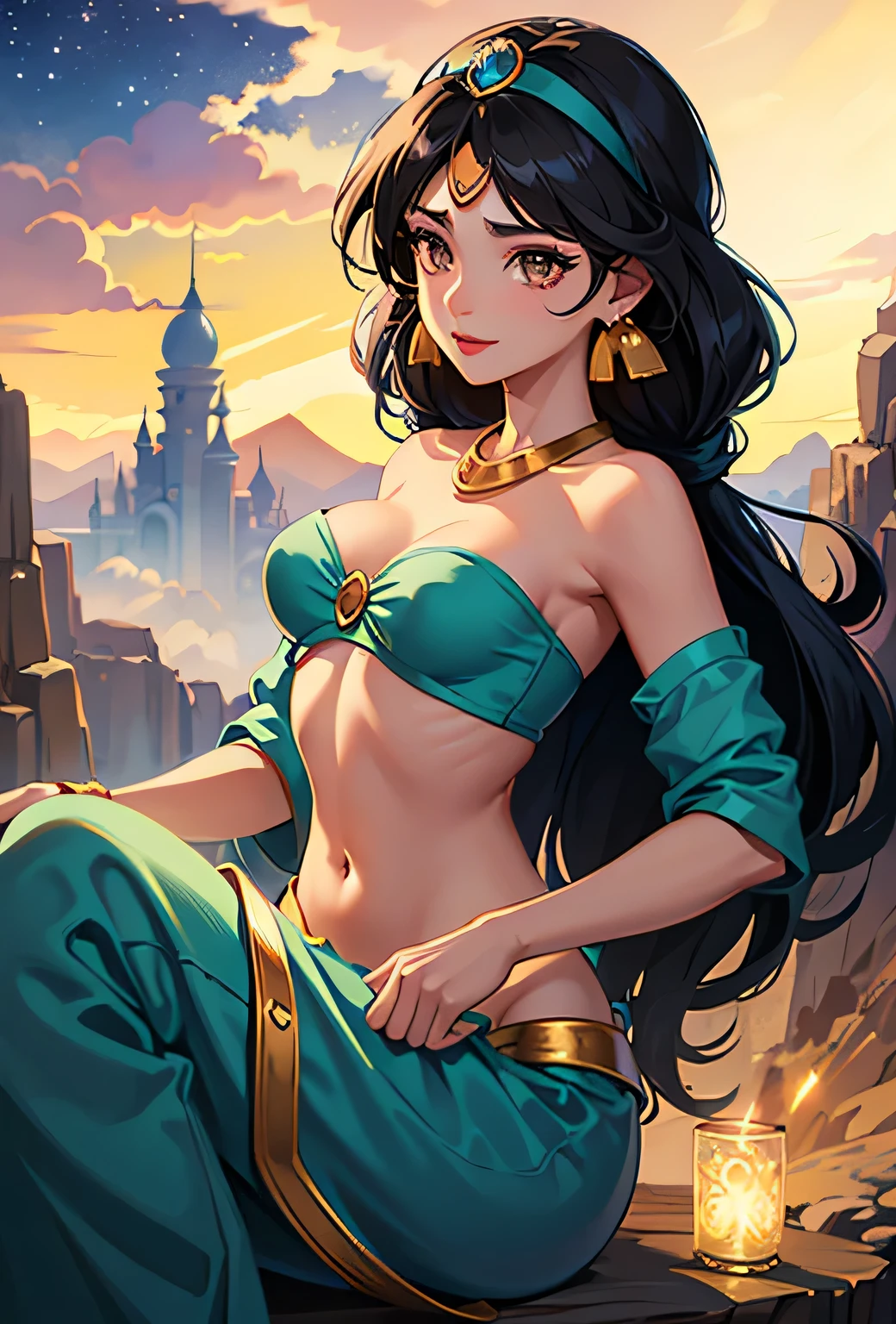 Princess Jasmine, jasmine, Disney Characters, best quality, (masterpiece:1.2), high quality, Highres, (hyper detailed), (portrait), photorealistic, 4K, ultra HD, insanely detailed and intricate, (beautiful detailed face and eyes:1.2), 1girl, solo, dark skin, brown eyes, detailed hair, long hair, parted bangs circlet, black hair, (Arabian clothes), bandeau, bare shoulders, off shoulder, crop top, cleavage, midriff, navel, pants, jewelry, earrings, necklace, high resolution, HDR, extremely detailed CG, f 2.8 lens, (beautiful detailed background), detailed landscape, (full moon), moonlight, (desert), soft shaded, light sparkles, starry sky, cloudless sky, (looking afar), sitting, (dynamic pose:1.2), smile, (cowboy shot:1.2),