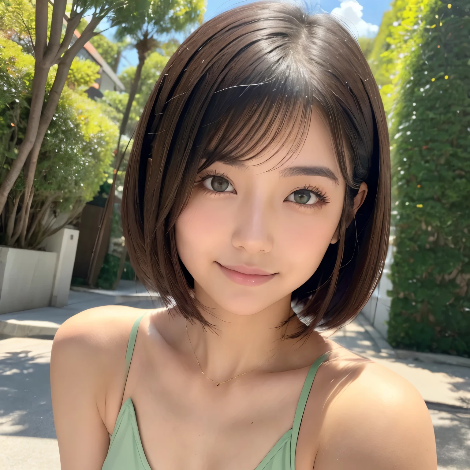 Photorealistic、Masseter region、Highest quality、High resolution、RAW Photos、Genuine、Bright lighting、Face Light、Smooth Professional Lighting、Japanese women、Beautiful woman、model、gravure、sexy、so beautiful、Genuine beautiful skin、Beautiful and detailed eyes、Detailed face、slim、Medium sized big breasts、short hair、Black Hair、Green Eyes、Looking into the camera、White tank top、Bikini pants、Photo pose