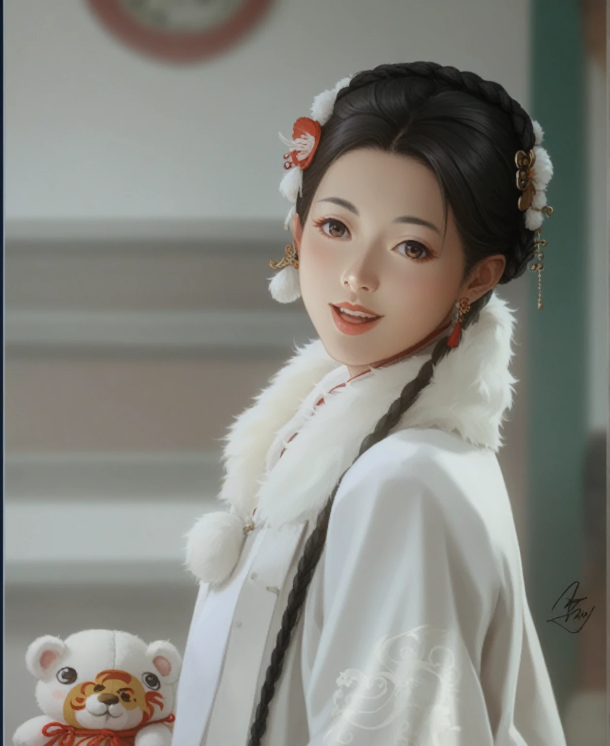 Asian woman in traditional dress holding a stuffed toy, palace ， Girl wearing Hanfu, White Hanfu, Wearing ancient Chinese clothes, Hanfu, Wearing Chinese clothing, traditional Chinese clothing, Inspired by Qiu Ying, traditional Chinese, Chinese Princess, Chinese Girl, Inspired by Zhang Yin, ancient Chinese Princess, Chinese, Inspired by Lan Ying