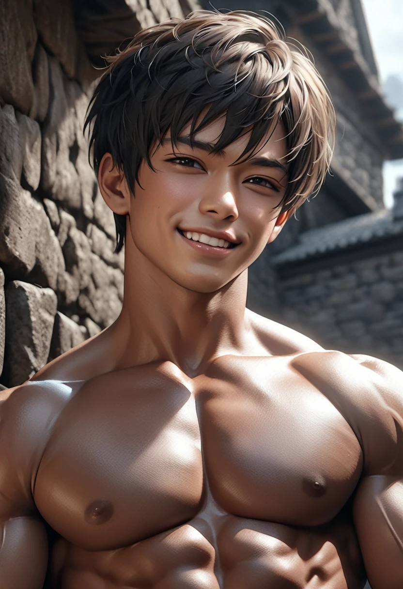 high quality, detailed, (22 years old tanned japanese idol wrestler boy), (detailed black eyes), (black short hair), (muscle:1.5), (tanned dark shiny skin:1.4), black tiny thong, bulge,(detailed nipples), yard, dungeon, (best quality,4k,8k,highres,masterpiece:1.2), face close up,(realistic,photorealistic,photo-realistic:1.37), smirk,