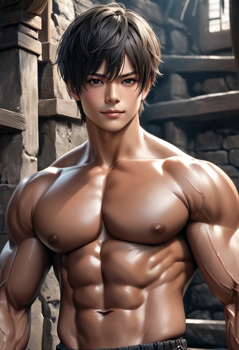 high quality, detailed, (22 years old tanned japanese idol wrestler boy), (detailed black eyes), (black short hair), (muscle:1.5), (tanned dark shiny skin:1.4), black tiny thong, bulge,(detailed nipples), yard, dungeon, (best quality,4k,8k,highres,masterpiece:1.2), face close up,(realistic,photorealistic,photo-realistic:1.37), smirk,