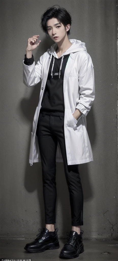 young asian man, Japanese idol style, short clean-cut hair,((fist hands)) , ((center part)), (crisp white lab coat:1.3), ((black hoodie underneath:1.7)), (black pants:1.7), (black shoes:1.7), calm confident expression, explaining pose, plain white background, mid-shot portrait, full body view, high quality, detailed, 8K, (realistic skin texture:1.2), (sharp focus:1.1), (contrast between white coat and black clothing:1.2)