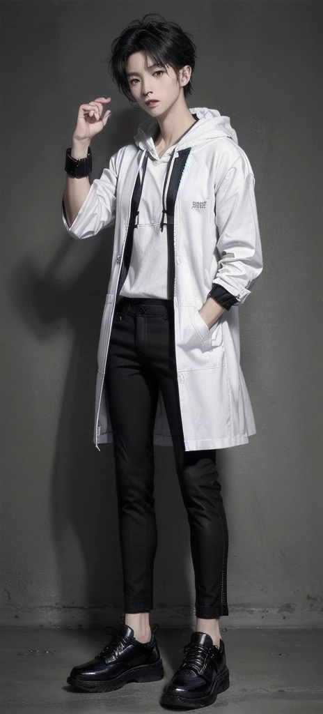 young asian man, Japanese idol style, short clean-cut hair,((fist hands)) , ((center part)), (crisp white lab coat:1.3), ((black hoodie underneath:1.7)), (black pants:1.7), (black shoes:1.7), calm confident expression, explaining pose, plain white background, mid-shot portrait, full body view, high quality, detailed, 8K, (realistic skin texture:1.2), (sharp focus:1.1), (contrast between white coat and black clothing:1.2)