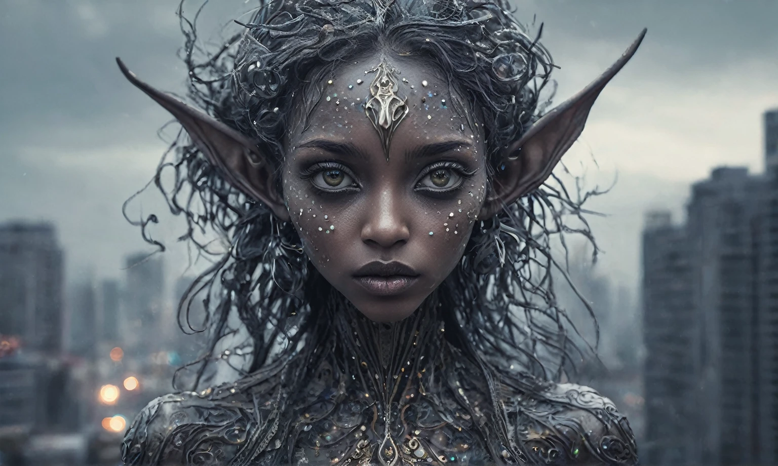 pretty face,eyebrow up,full body length shot,obsidian elf,full body length shot,very beggar niobium graphite The Alien Entity, babychild, wants eat,full body shot, of psychedelic style ,The iris looks weird, attractive, The stars in space is reflected in the pupil, goose down eyelashes, long wavy luminescent hair,insane baggy clothes,view from height,full-body-shot,High contrast,Masterpiece,Realistic,Ultra Detailed,intricate details,realistic humid skin,extremly intricate,realism,photorealism, cinematic style,irina yermolova,HDR,((Wangechi Quality)),ominous landscape,glate gray atmosphere,by art Simon Stalenhag,Nicola Samori,(((Wangechi Mutu))),prime colors,urban,extremely detailed,masterpiece,intricate details,faded,eyes extremely detailed, high detailed eyes,4k resolution,RAW, Nikon Z9,scary town,stalker,goblin,Dubai of United Arab Emirates,Mestichino,Light particles,marble leather ,ink photography ,Mestichino,Light particles,chaos