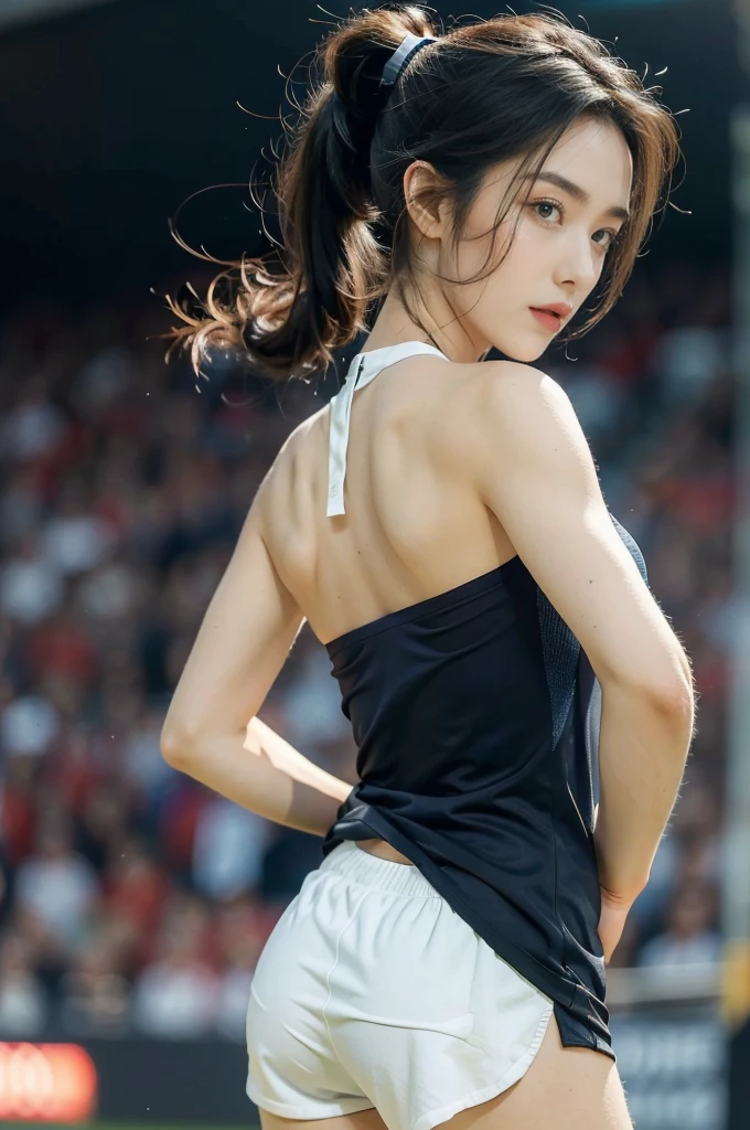 (((best quality))),(((ultra detailed))),(((masterpiece))),illustration,((1 beautiful girl,female footballer,solo)),((shoulder off,strapless,bare back,towering hips,butt crack)),((slim,thin)),summer night,stadium,crowded stands,enthusiastic spectators,football match,(short ponytail:1.2),(short sleeves:1.2),((England team kit,white shirt,Navy shorts)),(slender legs:1.2),(football:1.3),fluid movements,powerful,sweat,forehead,exhaustion,passion for football,purposeful running,electric atmosphere,crowd roar,critical juncture,pressure,undeterred,floodlights,luminous glow,long shadows,drama,breathtaking sight,raw passion,unbridled energy,determination,skill,embodiment of sport's spirit,strength,resilience of human spirit,(standing:1.3),((from back,upper body))