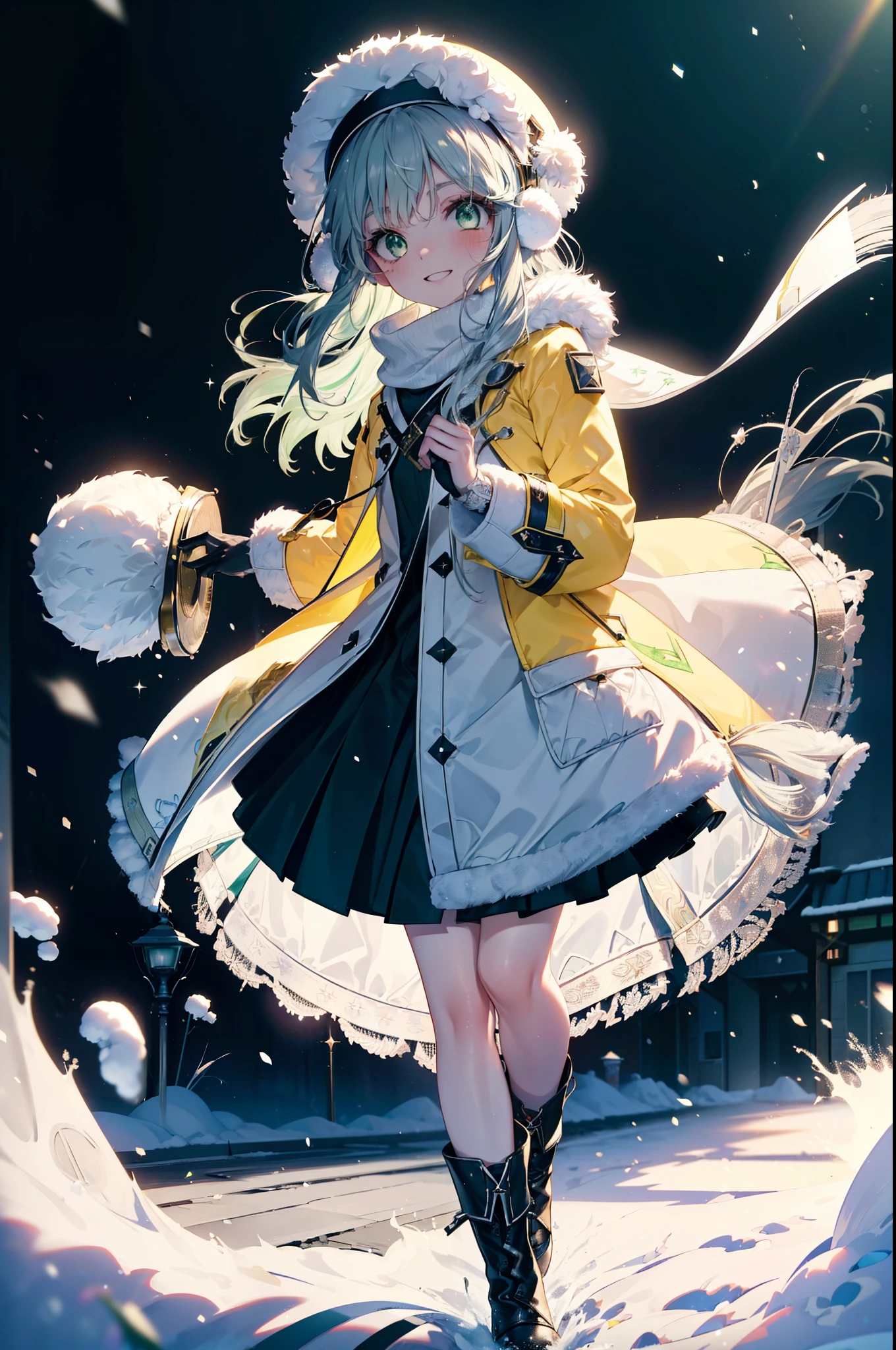 index, index, (Green Eyes:1.5), Silver Hair, Long Hair, (Flat Chest:1.2),happy smile, smile, Open your mouth,Knitted hat,Yellow long coat,White Tokkuri Sweater,Earmuffs,Red baggy gloves,White scarf,Black long skirt,Black pantyhose,short boots,Walking,Snow is piled up,It&#39;s snowing,Snow Scene,Shirogane World,night,moonlight,Let the world enter your illustrations,
break looking at viewer, whole body,
break outdoors, Snow Country,Residential Street,
break (masterpiece:1.2), Highest quality, High resolution, unity 8k wallpaper, (figure:0.8), (Beautiful attention to detail:1.6), Highly detailed face, Perfect lighting, Highly detailed CG, (Perfect hands, Perfect Anatomy),