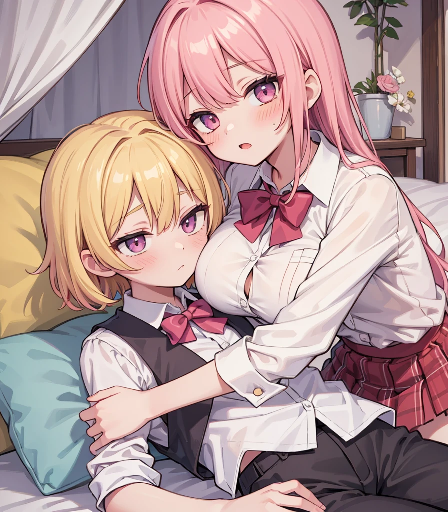 masterpiece, Highest quality, so beautiful, absurdists,High resolution,One girl, One boy,Cuddling in bed, like,sexly,Look at each one, blush,Age difference,bow tie,blondes,chest,Long Hair,Pink Hair,Tucked in shirt,short hair,skirt,Tent shirt,Slut,Big breasted sister and brother,Siblings, trousers,Pushing her big tits against her brother,(My brother&#39;s small erect penis),((((姉のvery huge breasts,Sister crushes her big tits in her brother&#39;s face)))),(((((Very huge breasts))))),(((((small penis,NSFW,Soft Very HUGE breasts))))),((Bursting Breasts,弟の顔を隠すHuge breasts)),((((((((Huge breasts,Large Breasts,とてもLarge Breasts、すごくLarge Breasts、とてつもなくLarge Breasts)))))))),Two people gazing at each other,puffy nipples,(Face crushed by ,Huge breastsを弟の体に乗せる),huge breasts