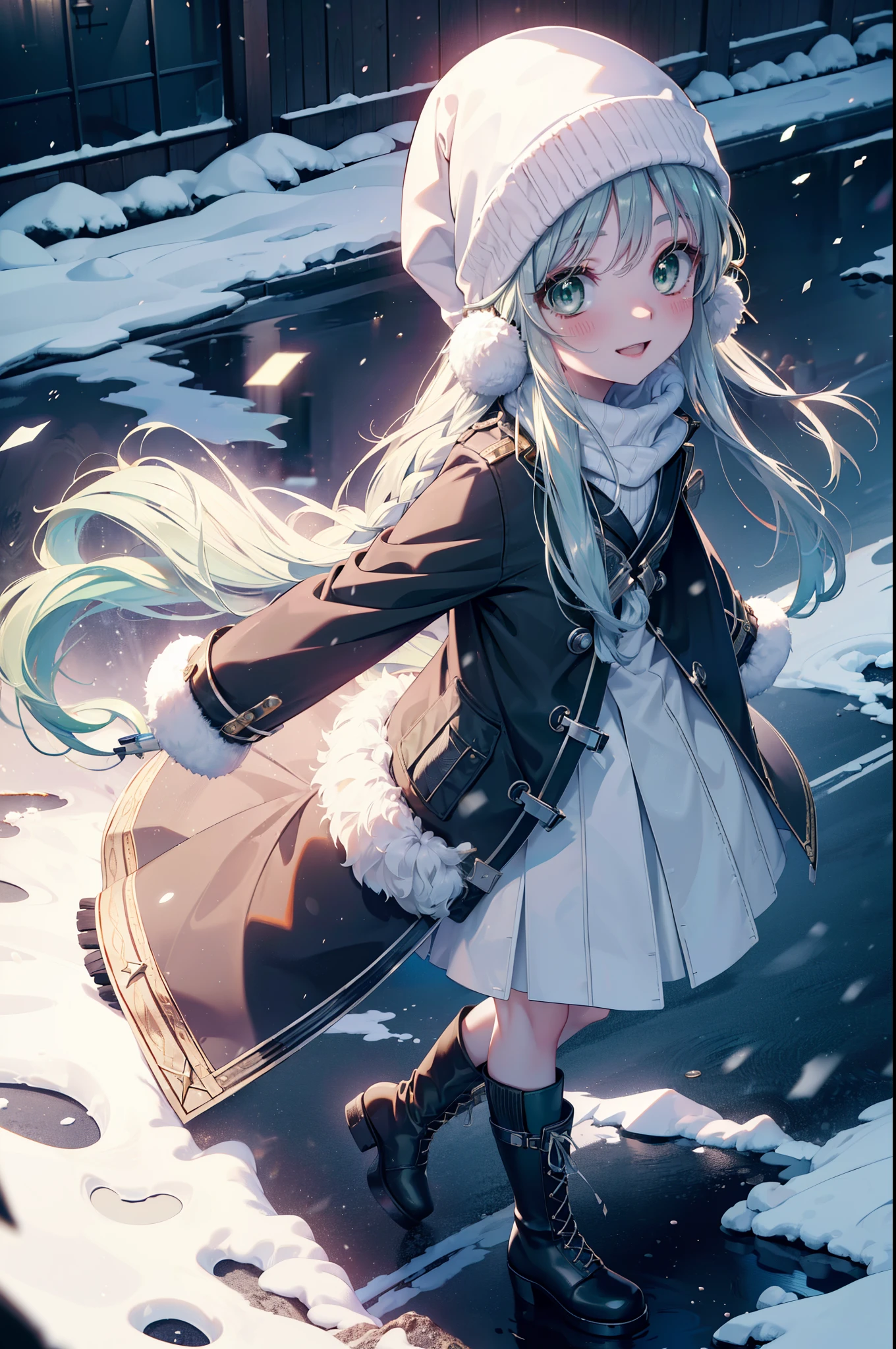 index, index, (Green Eyes:1.5), Silver Hair, Long Hair, (Flat Chest:1.2),happy smile, smile, Open your mouth,Knitted hat,Yellow long coat,White Tokkuri Sweater,Earmuffs,Red baggy gloves,White scarf,Black long skirt,Black pantyhose,short boots,Walking,Snow is piled up,It&#39;s snowing,Snow Scene,Shirogane World,night,moonlight,Let the world enter your illustrations,
break looking at viewer, whole body,
break outdoors, Snow Country,Residential Street,
break (masterpiece:1.2), Highest quality, High resolution, unity 8k wallpaper, (figure:0.8), (Beautiful attention to detail:1.6), Highly detailed face, Perfect lighting, Highly detailed CG, (Perfect hands, Perfect Anatomy),