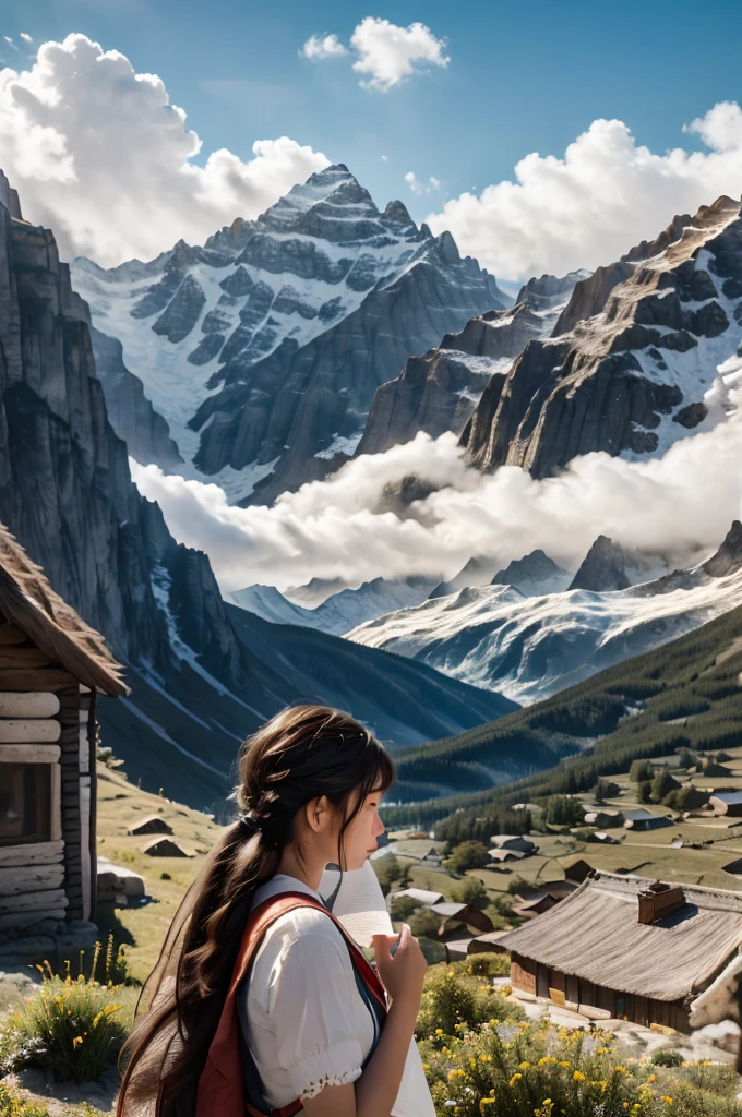 (absurdres, highres, ultra detailed, beautiful, masterpiece, best quality, )1 girl , half body shot,Mountains and steppe background、In front of a small hut、Girl reading a letter、Sad expression、Tears、Wiping tears with a handkerchief