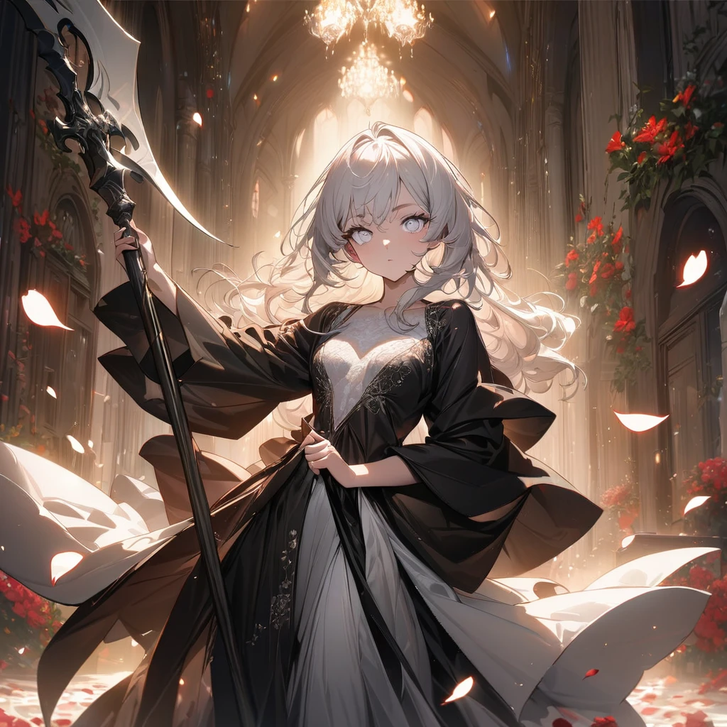 one beautiful Germans girl's Grim Reaper,teenagers,wearing robe,She's standing with a scythe,Look in here,luxury,The petals of red equinoctial flowers dance,(((masterpiece))), (((best quality))), ((ultra-detailed)), (illustration), (detailed light),((an extremely delicate and beautiful)),(beautiful detailed eyes),white eyes