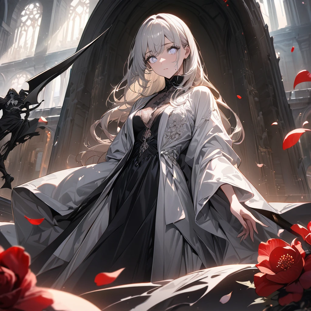 one beautiful Germans girl's Grim Reaper,teenagers,wearing robe,She's standing with a scythe,Look in here,luxury,The petals of red equinoctial flowers dance,(((masterpiece))), (((best quality))), ((ultra-detailed)), (illustration), (detailed light),((an extremely delicate and beautiful)),(beautiful detailed eyes),white eyes