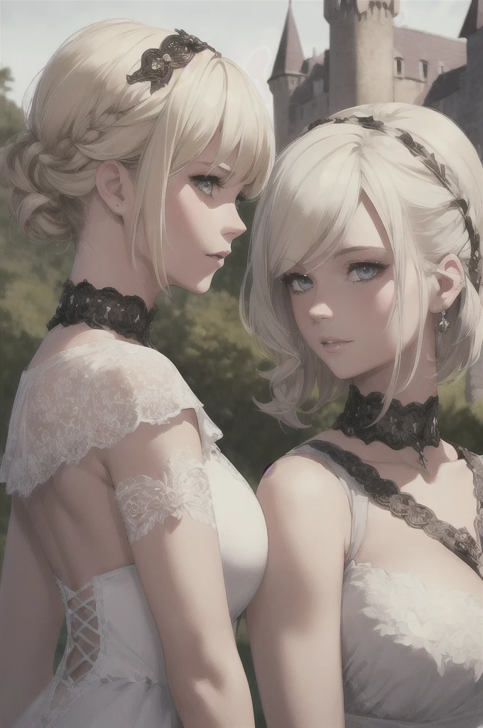 2 girls, back to back, side view, medieval castle behind, ,blonde, beautiful detailed white eyes, short haircut, chocker, beautiful detailed lips, extremely detailed face, Morning, upper body, 8k, raw photo, best quality, masterpiece, realistic, photo-realistic. large breasts