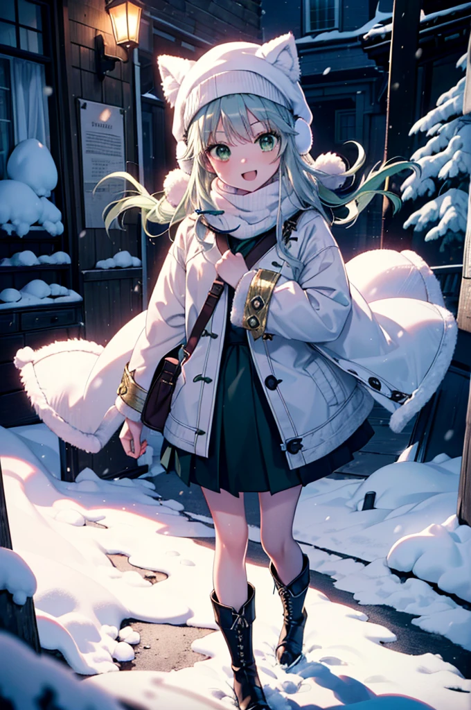 index, index, (Green Eyes:1.5), Silver Hair, Long Hair, (Flat Chest:1.2),happy smile, smile, Open your mouth,Knitted hat,Yellow long coat,White Tokkuri Sweater,Earmuffs,Red baggy gloves,White scarf,Black long skirt,Black pantyhose,short boots,Walking,Snow is piled up,It&#39;s snowing,Snow Scene,Shirogane World,night,moonlight,Let the world enter your illustrations,
break looking at viewer, whole body,
break outdoors, Snow Country,Residential Street,
break (masterpiece:1.2), Highest quality, High resolution, unity 8k wallpaper, (figure:0.8), (Beautiful attention to detail:1.6), Highly detailed face, Perfect lighting, Highly detailed CG, (Perfect hands, Perfect Anatomy),