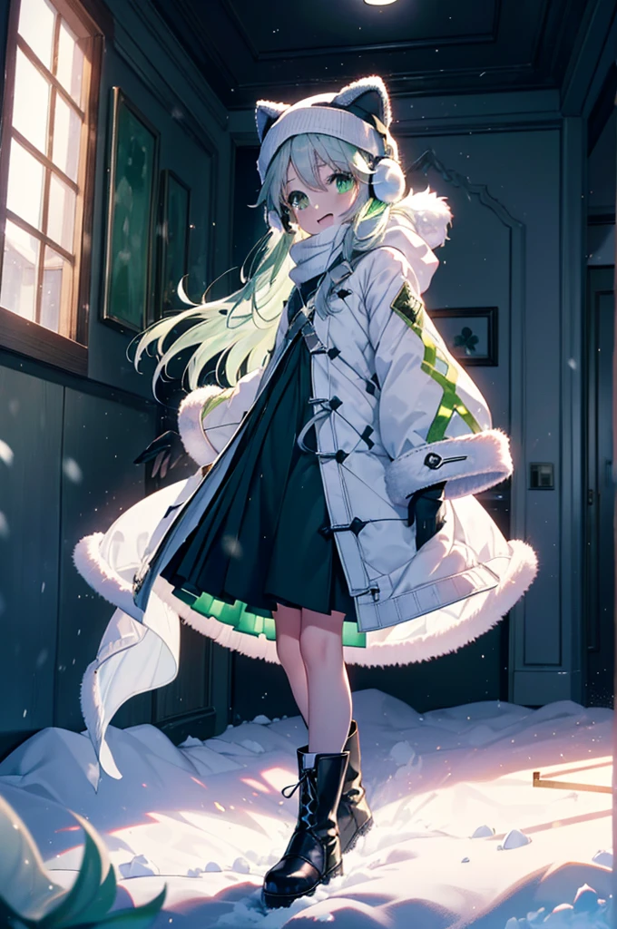 index, index, (Green Eyes:1.5), Silver Hair, Long Hair, (Flat Chest:1.2),happy smile, smile, Open your mouth,Knitted hat,Yellow long coat,White Tokkuri Sweater,Earmuffs,Red baggy gloves,White scarf,Black long skirt,Black pantyhose,short boots,Walking,Snow is piled up,It&#39;s snowing,Snow Scene,Shirogane World,night,moonlight,Let the world enter your illustrations,
break looking at viewer, whole body,
break outdoors, Snow Country,Residential Street,
break (masterpiece:1.2), Highest quality, High resolution, unity 8k wallpaper, (figure:0.8), (Beautiful attention to detail:1.6), Highly detailed face, Perfect lighting, Highly detailed CG, (Perfect hands, Perfect Anatomy),