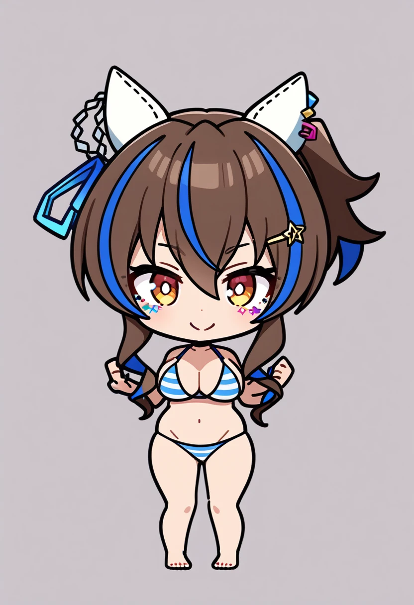 1Girl,daitaku helios(umamusume), umamusume, smile , big breasts, nude, bikini, striped bikini, looking at viewer,masterpiece, aesthetic, newest, chibi,full body, 
