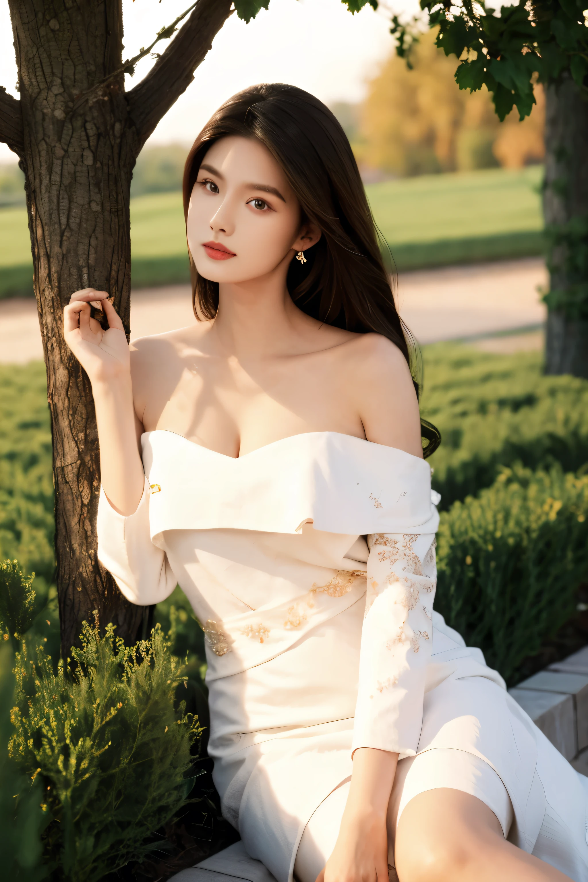 Beautiful woman with perfect body：1.4，Prominent cleavage，Layered Hairstyle，Highly detailed face and skin textures，Double eyelids，Skin Whitening，Long hair，Whitened long legs，Half chest wedding dress