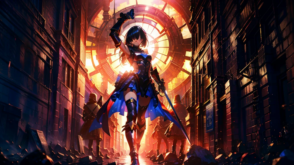 masterpiece, best quality, high quality, detailed, ultra detailed, hyper detailed, insanely detailed, exquisite, beautiful, FHD, Full-HD, 4K, 8K, 16K, highres, absurdres,Overall reddish black, ((1girl)), medium shot,mystic knight, serious look, sword fighting, covering one eye, black hair, red eyes, armor, long boots, with a sword, fantasy,hailoknight, holding sword, holding weapon