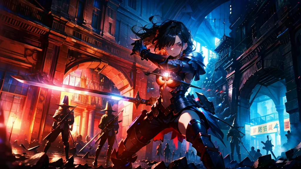 masterpiece, best quality, high quality, detailed, ultra detailed, hyper detailed, insanely detailed, exquisite, beautiful, FHD, Full-HD, 4K, 8K, 16K, highres, absurdres,Overall reddish black, ((1girl)), medium shot,mystic knight, serious look, sword fighting, covering one eye, black hair, red eyes, armor, long boots, with a sword, fantasy,hailoknight, holding sword, holding weapon