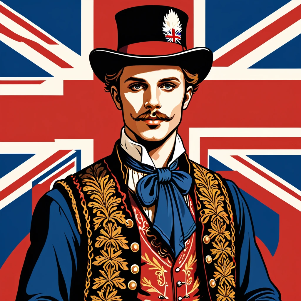 man in british folk outfit, vector graphics, strong contours
