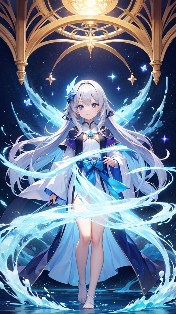 Highest quality,masterpiece,colorful,The background is the deep blue sea,Transparency,Use HDR technology to create a sense of depth,beautiful,beautiful自然,5 year old girl,Alone,Wearing a wizard's robe,Stand in the center of the screen,Diagonally forward to the left,Put your right hand forward,A star-like light from the right,Light magic from the right hand,Narrow and gentle eyes,mysterious,Silver hair decorated with blue flowers,Fantasy atmosphere,beautiful虹色の蝶々is flying in the air