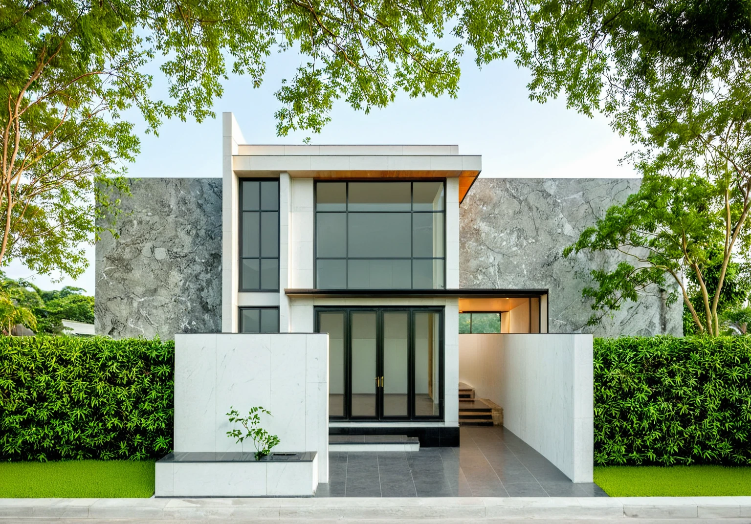 masterpiece, best quality, exterior design, (sunset), one-story modern house in Vietnamese village, marble, steel, modern light-colored granite facade and white walls, wooden ceiling , large glass, modern minimalist style, green shrubs and tropical plants background, large doors and windows.