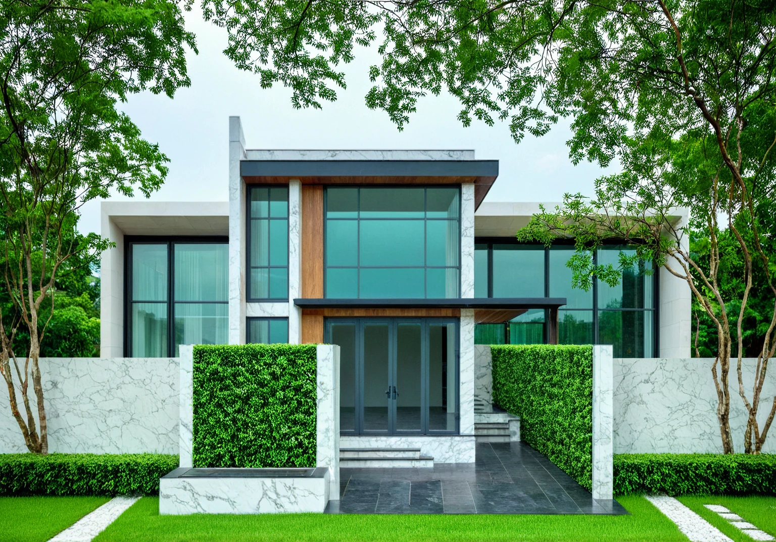 masterpiece, best quality, exterior design, (sunset), one-story modern house in Vietnamese village, marble, steel, modern light-colored granite facade and white walls, wooden ceiling , large glass, modern minimalist style, green shrubs and tropical plants background, large doors and windows.
