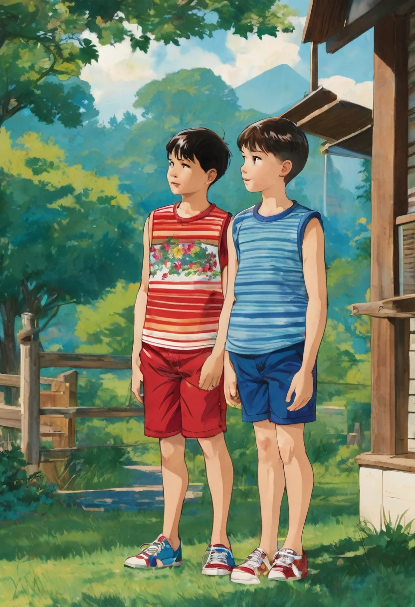 An outdoor scene with three young boys standing and talking. The boy on the left is chubby, wearing blue shorts with a floral pattern and a striped sleeveless shirt. The middle boy is of medium build, wearing a Marvel t-shirt and red shorts. The boy on the right is wearing a colorful striped t-shirt and red shorts, standing with one leg up. The background includes greenery, trees, and a simple rural setting."