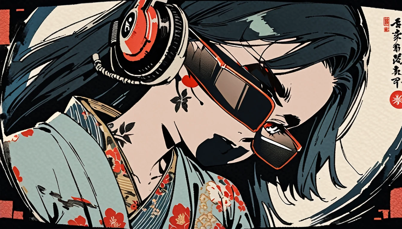 fisheye, Ink Painting, (((1 girl))), (((Tattoo on face))), sunglasses, Japanese style headphones, beautiful girl, Black Hair, Delicate and precise, Modern ukiyo-e style, Dark image