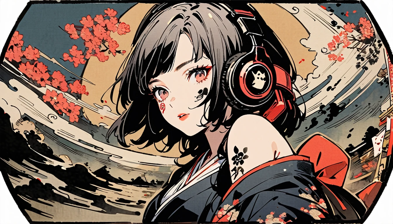 fisheye, Ink Painting, (((1 girl))), (((Tattoo on face))), sunglasses, Japanese style headphones, beautiful girl, Black Hair, Delicate and precise, Modern ukiyo-e style, Dark image