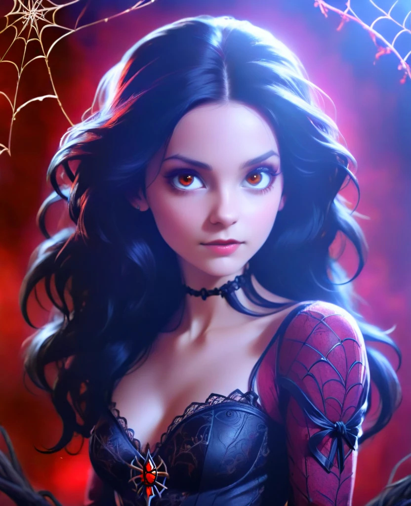 (Realistic:1.5), (((high resolution photo))), (((extremely detailed))), ((masterpiece)), (gorgeous gothic woman in black red spider's web), dramatic lighting, (cinematic light:1.1), full body, (cute sexy:0.8), (cute face:1.2), Pleasure, faded colours, depth of field, 35 mm, analog photo style, gothic background, red splash particles with small luminism, spiders around, sunset, red dawn, dark atmosphere, medieval, intricate hair, inricate small details, (pale skin), hair ornament, long black hair, (fantasy world), (textured skin:1.4)