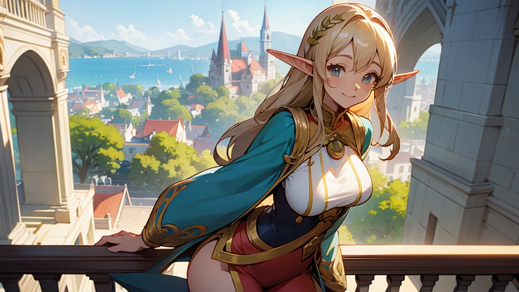 Anime Style,A detailed background with many people,A planet that is not Earth,Balcony,Smiling Bard Elf,Mature Woman,Large Breasts,Protruding buttocks