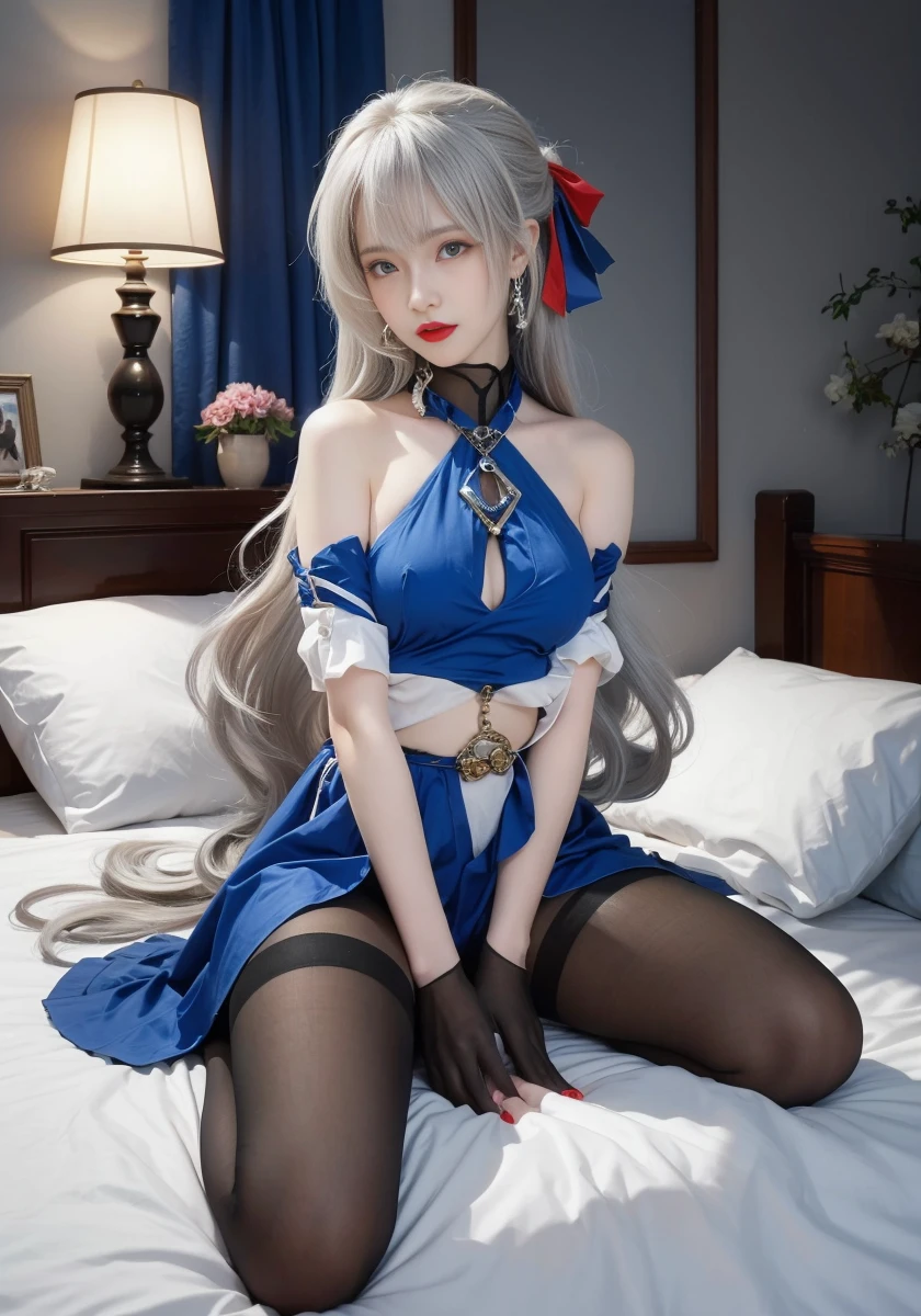 12 year old girl, Blue eyes, with long silver straight hair, braided, in a blue dress with silver embroidery.